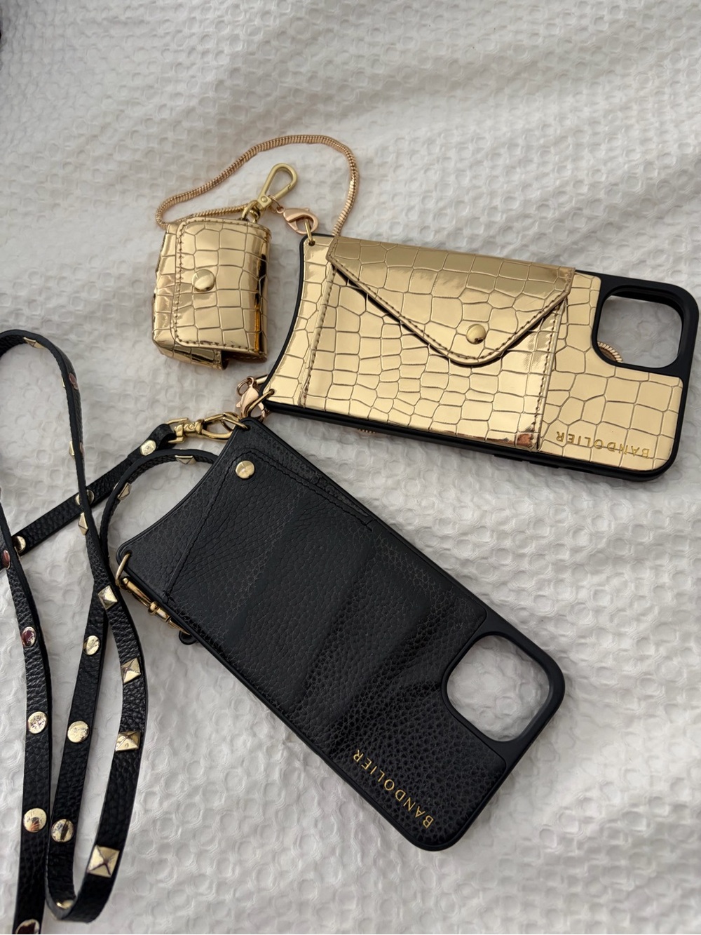 Bandolier Black studs and gold Croc-Embossed Crossbody Phone Case Set